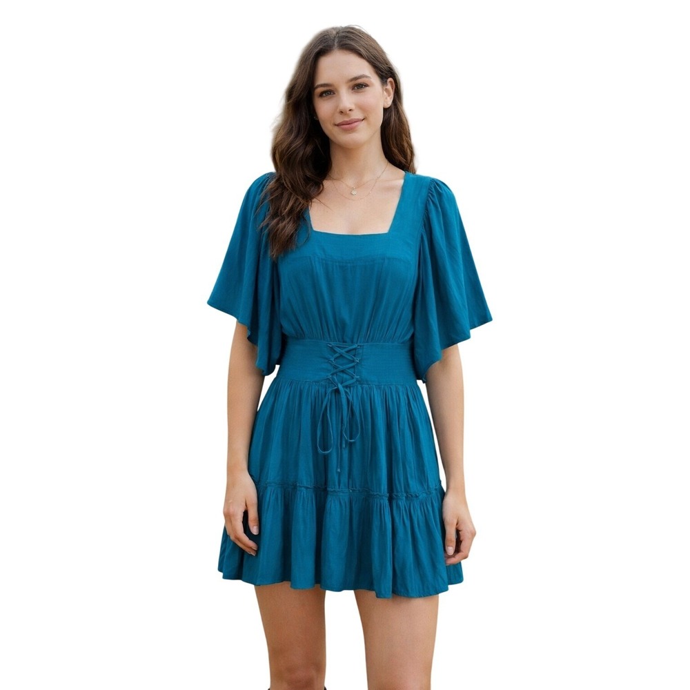 RAMY BROOK Teal Corset Mini Dress Festival Fairycore Renaissance Lace‎ Up XS